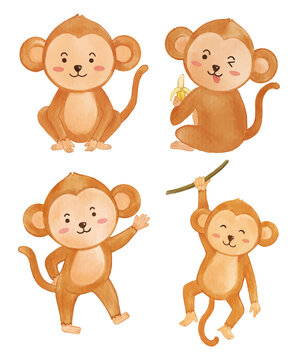 Monkey . Watercolor painting design . Set of cute animals cartoon characters . Vector .