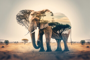 Elephant and the African savannah double exposure. Generative AI
