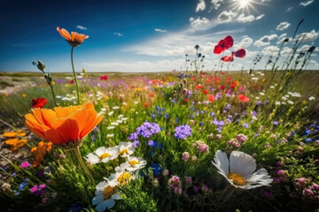 Stunning springtime scene with vibrant wildflowers.. Generative AI