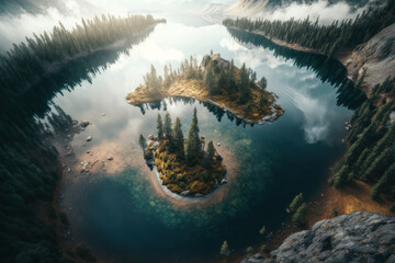 Fototapeta na wymiar National Park with lake clouds and mountain. Generative AI