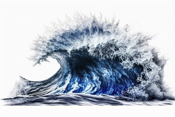 Large stormy sea wave in deep blue isolated on white. Generative AI