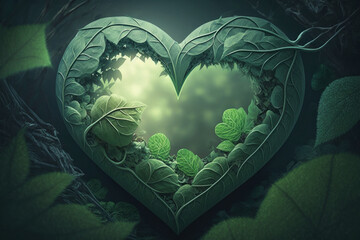 Green heart shapes with leaf on green forest background. Generative AI