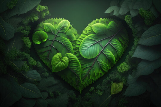 Green heart shapes with leaf on green forest background. Generative AI