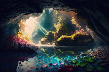 Fototapeta na wymiar Inside a fantasy cave with water and sunrays. Generative AI