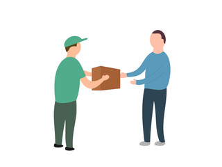 flat design of a courier delivering a package to a customer