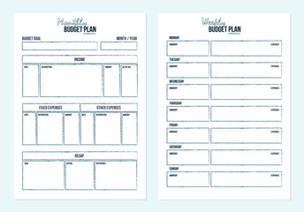 Monthly and weekly budget plan. Minimalistic finance planner template. Vector illustration