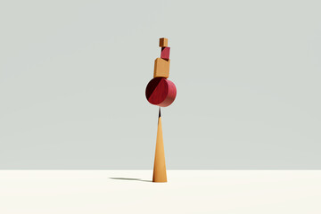 Wooden building blocks balancing on a pike shaped cone. Concept of balance, harmony or stability.