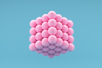 Team, teamwork, unity and collaboration. Pink spheres forming a geometrical cube shape levitating on blue background.