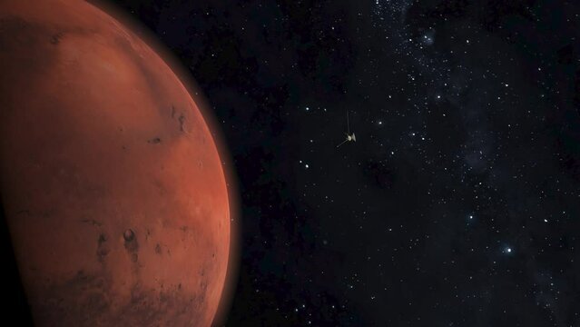 Space probe flying to Mars. Space exploration. 