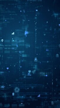 Motion graphic of Blue data matrix simulation digital grid line and ai technology icon with futuristic HUD screen on blue abstract background vertical video concept