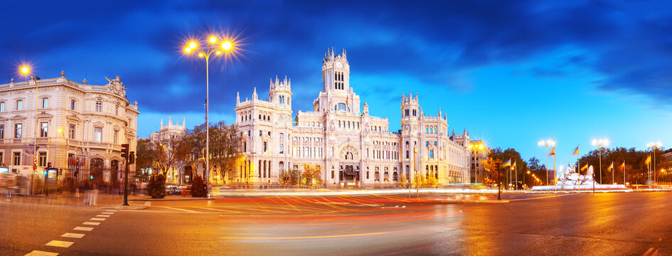Night view on the square with Cybele Palace in Marid, Spain.