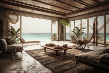 opulent beach house With an infinity edge pool and a view of the sea outside, the living area has a sofa, armchair, stool, side table, lights, and drapes. Vacay house or vacation villa. Generative AI