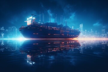 Oil tanker ship on blue digital hi tech futuristic background. quality 3d render metaphor for global logistics tracking. Big data economy. AI VR holograms. Generative AI