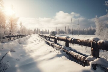 gas pipeline in Russia on snowy landscape in winter. generative ai
