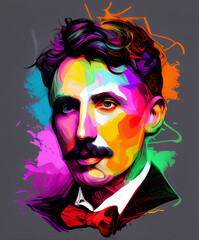 Nikolo Tesla. Bright multi-colored portrait. AI generation..