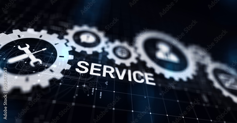 Aufkleber service support customer help call center business technology button on virtual screen.