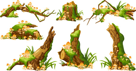Honey mushrooms, moss  on logs, stumps. Cartoon oak in lichen and toadstools in swamp forest. Broken tree in tropical damp jungle. Isolated vector element on white background.