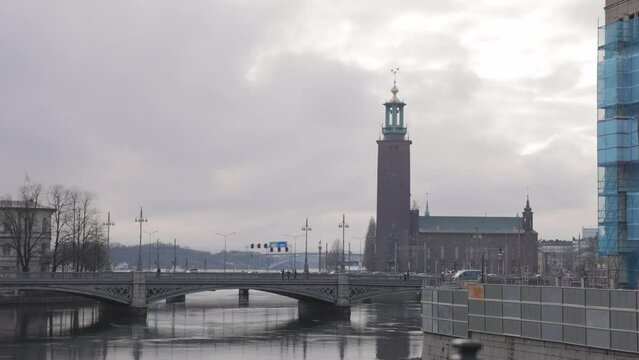 The Vasa Bridge With Stockholm City Hall At The Background In Central Stockholm, Sweden. Wide Shot