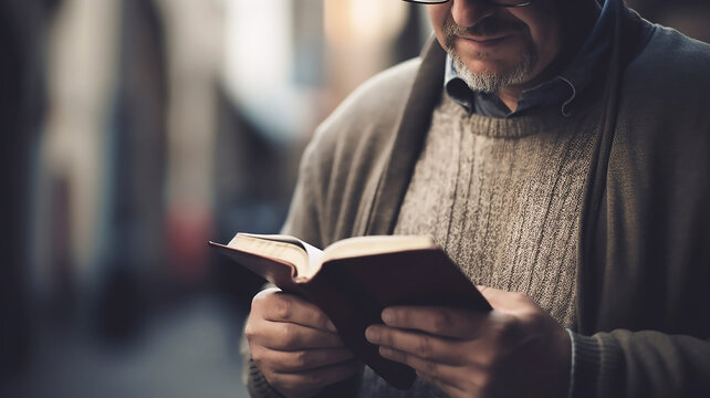 Closeup shot of a male in casual clothing reading the holy bible , generative ai tools 
