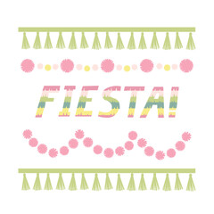 Colorful party lettering with decoration. Tassels and  pompoms wreath border. Fiesta pinata word composition.  Vector illustration