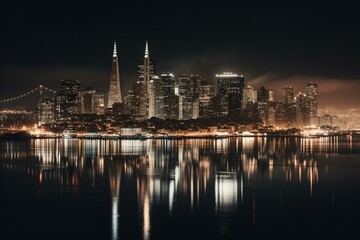 Fototapeta na wymiar Cityscape of San Francisco at night (California, USA) isolated on white background. Generative AI