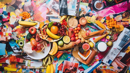 Fototapeta na wymiar collage made of magazines and colorful paper mood. populer food