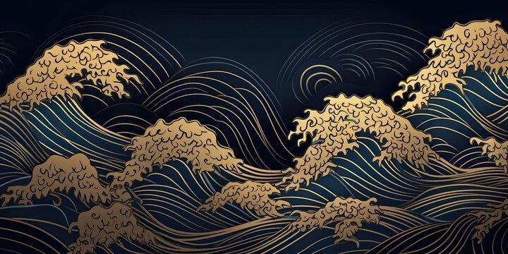 Luxury Blue and Gold Japanese Wave Illustration - Hand Drawn AI generated