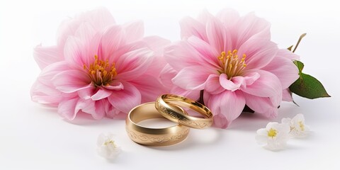 Obraz na płótnie Canvas Pink Flowers and Golden Wedding Rings on White Background AI generated