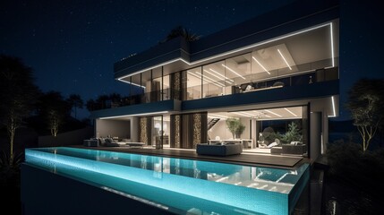 illustration, modern mansion with swimming pool, generative ai