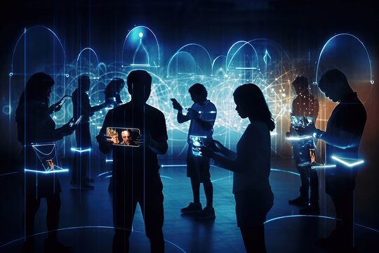 Silhouettes of smartphones, smartwatches and other connected devices merging with human figures. Augmented reality, virtual worlds and Neuralink interfaces. The phygital future is now. Generative AI