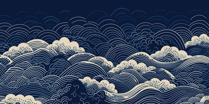 Rough Wave Motif Japanese Style Background in Indigo AI generated