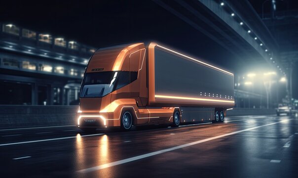 Self-Driving Futuristic Freight Trucks Delivering Goods AI generated