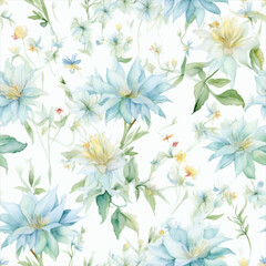 Seamless watercolor floral patterns, with flowers and foliage. Japanese abstract style. Use for wallpapers, backgrounds, packaging design, or web design.