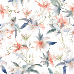 Seamless watercolor floral patterns, with flowers and foliage. Japanese abstract style. Use for wallpapers, backgrounds, packaging design, or web design.