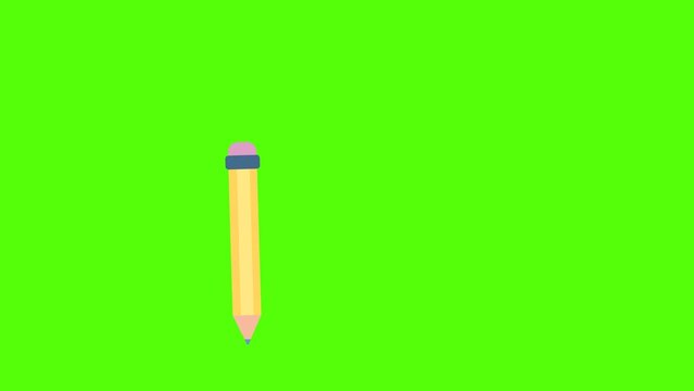 The cartoon pencil moves on a transparent background. Yellow wooden pencil with an eraser on end. Smooth animation for use in school-themed videos. Looped video. 2d flat animation. Alpha channel