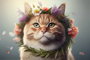 Cheerful cat with a wreath on a white background. AI Generated