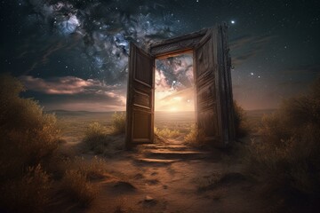 Doorway before cosmic sky. Generative AI