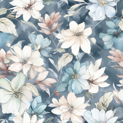 Seamless watercolor floral patterns, with flowers and foliage. Japanese abstract style. Use for wallpapers, backgrounds, packaging design, or web design.