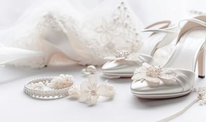 Obraz na płótnie Canvas Wedding Shoes and Accessories on White Background AI generated