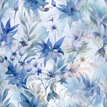Seamless watercolor floral patterns, with flowers and foliage. Japanese abstract style. Use for wallpapers, backgrounds, packaging design, or web design.