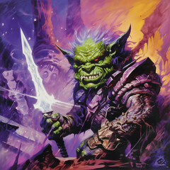 Orc Warrior in Dungeon, Holding Sword, Glowing, Art Inspired by Keith Parkinson - obrazy, fototapety, plakaty