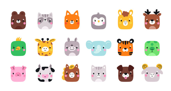 Cartoon animal square faces. Cute muzzles. Mobile applications icons. Happy bear and raccoon. Funny fauna characters. Dog pet. Elephant and penguin bird. Garish vector mammals heads set