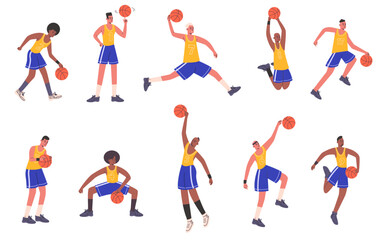 Cartoon basketball players. Professional athletes characters. Streetball sportsman in shorts and t-shirts with numbers. Basketballer keeping ball. Vector isolated sport persons set