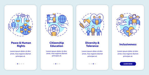 Themes GCED addresses onboarding mobile app screen. Global citizen walkthrough 4 steps editable graphic instructions with linear concepts. UI, UX, GUI template. Myriad Pro-Bold, Regular fonts used