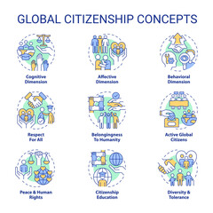 Global citizenship concept icons set. Inclusive society. Sustainable development idea thin line color illustrations. Isolated symbols. Editable stroke. Roboto-Medium, Myriad Pro-Bold fonts used - obrazy, fototapety, plakaty