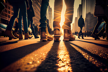Feet of passers-by in the city illuminated by the setting sun. AI Generated