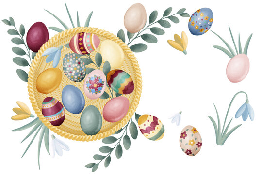 Digital illustration of colorful Easter eggs and spring greens inside and outside of the round wicker basket, top view. Stylized decorative symbol of Easter. Hand-drawn clipart in a watercolor style