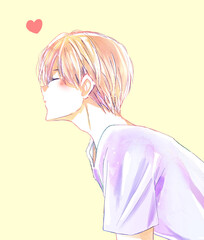 キス顔の男性　照れる　夏