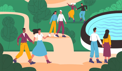 Couples walk together in park. Lovers spend time in nature. Persons in romantic relationship. Outdoor fun holiday. Beloved men and women. People promenade. Summer stroll. Vector concept