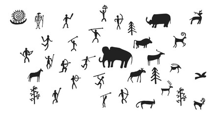 Cave painting prehistoric rock art hand drawn sketch style vector illustration set. Rock age cave paintings set with prehistoric wild animals, tribal people and village buildings.